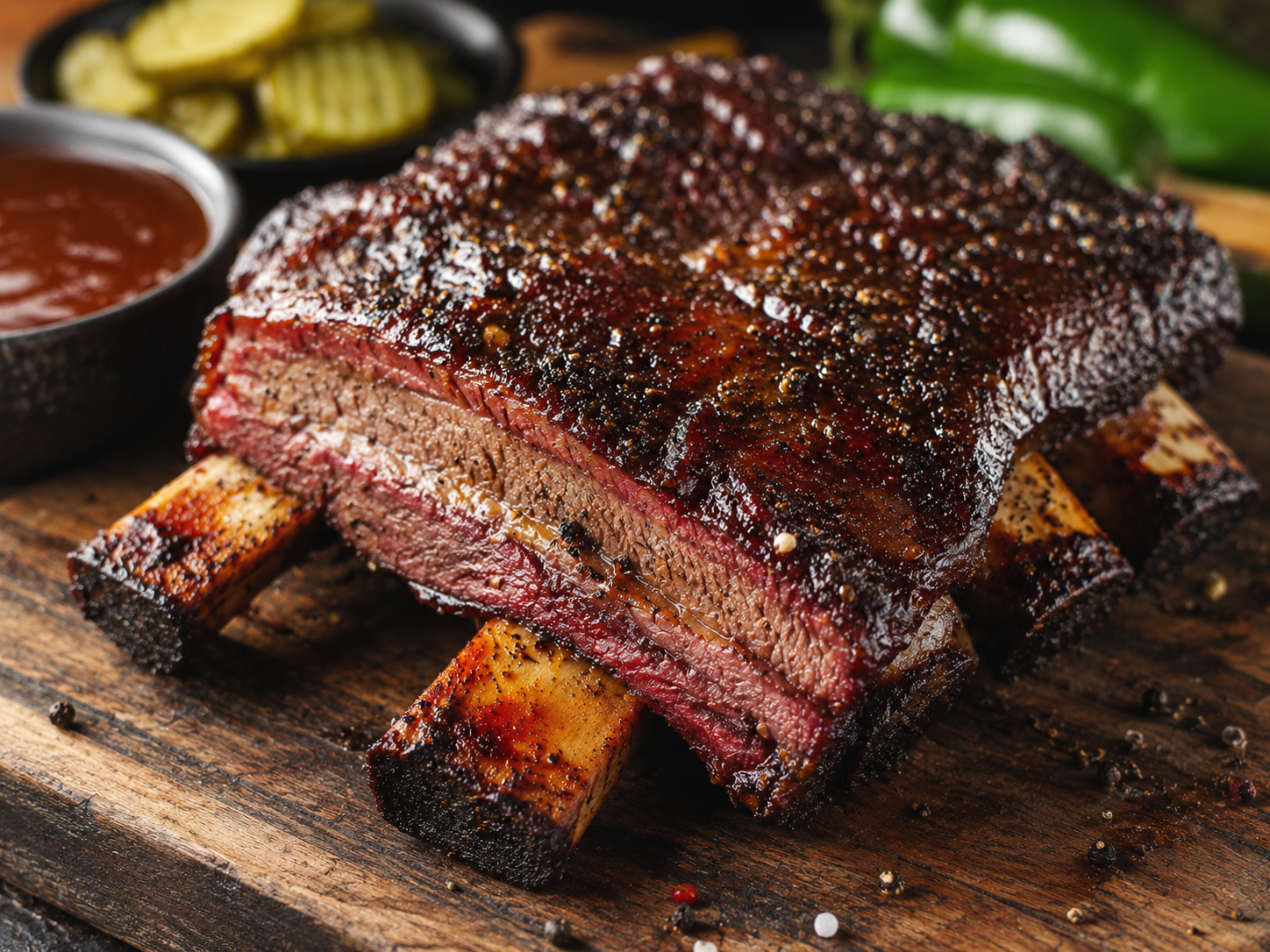 Glossy smoked beef rib on a wooden board