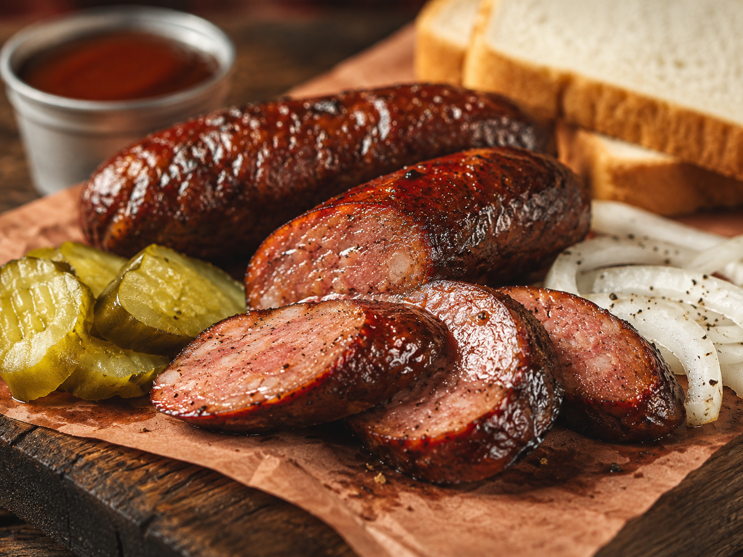 Smoked sausage with pickles, onions, bread, and sauce